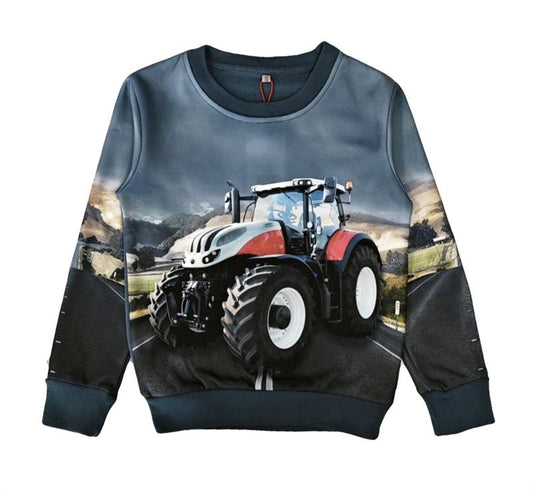 Jeansblauwe trui met tractor Steyr