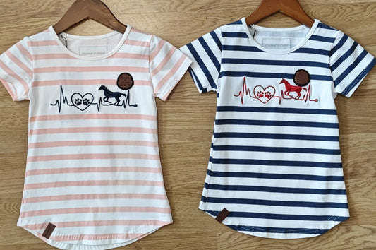 Blue striped horse shirt with 2 horses