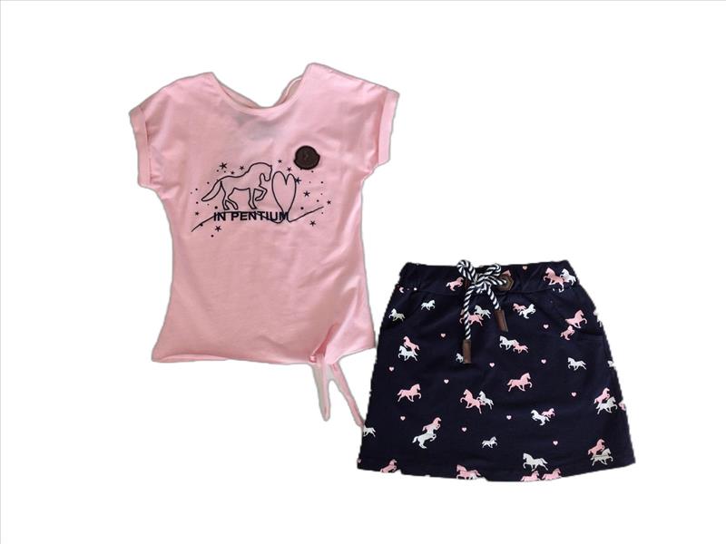Pink shirt with blue skirt with all horses