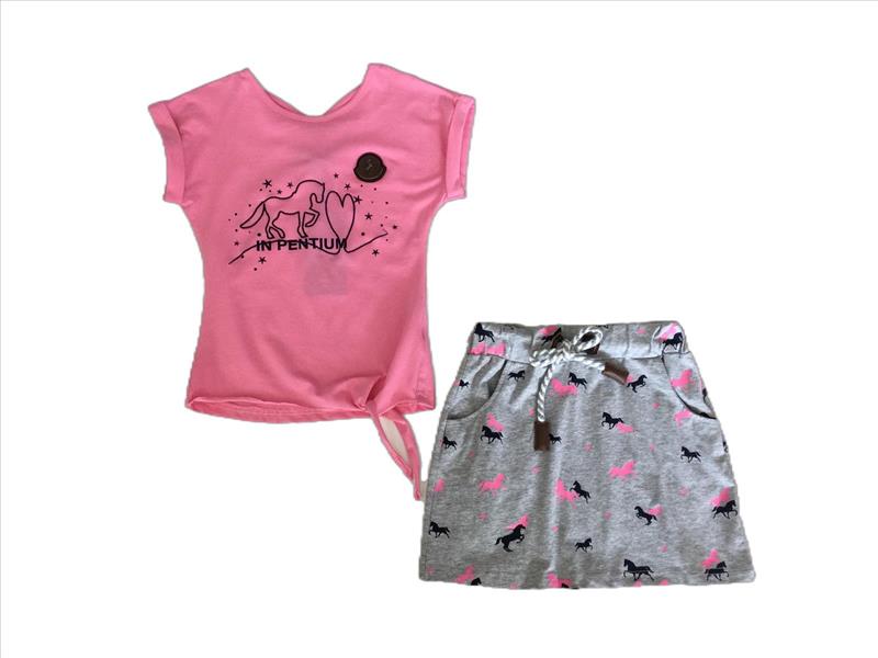 Pink shirt with gray skirt with all horses