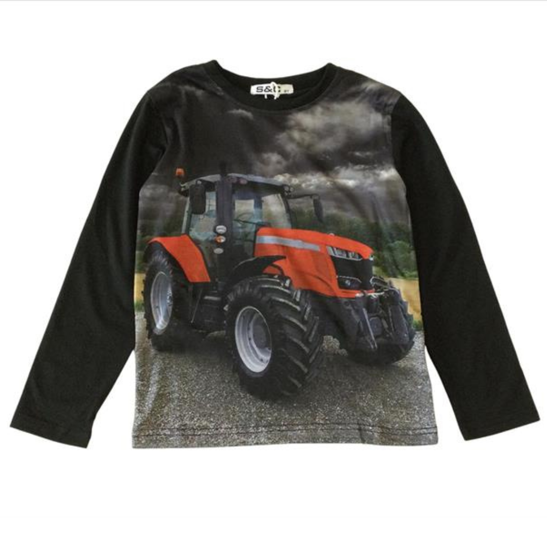 T-shirt noir à manches longues avec tracteur Massey Ferguson