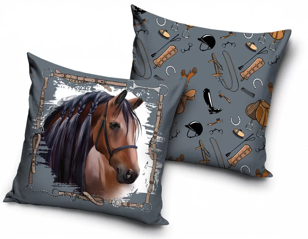 Grey Pillow with Brown Horse