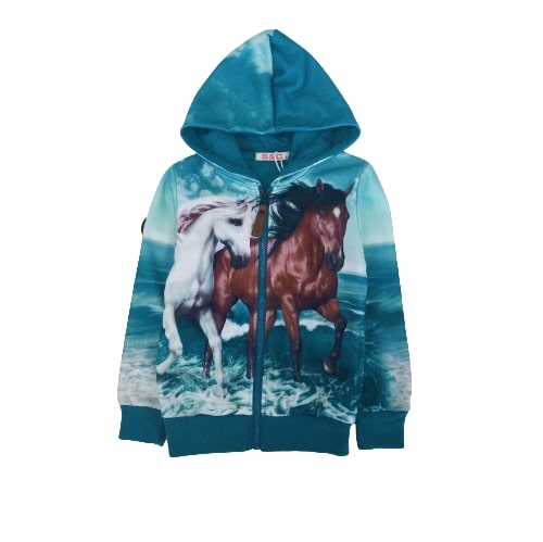 Blue cardigan with Horses in the sea