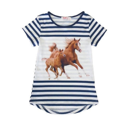 Blue striped horse shirt with 2 horses