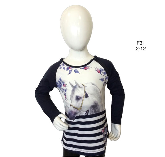 Longsleeve donkerblauw met wit paard met rits