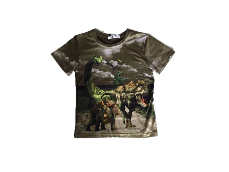 green shirt with several dinosaurs