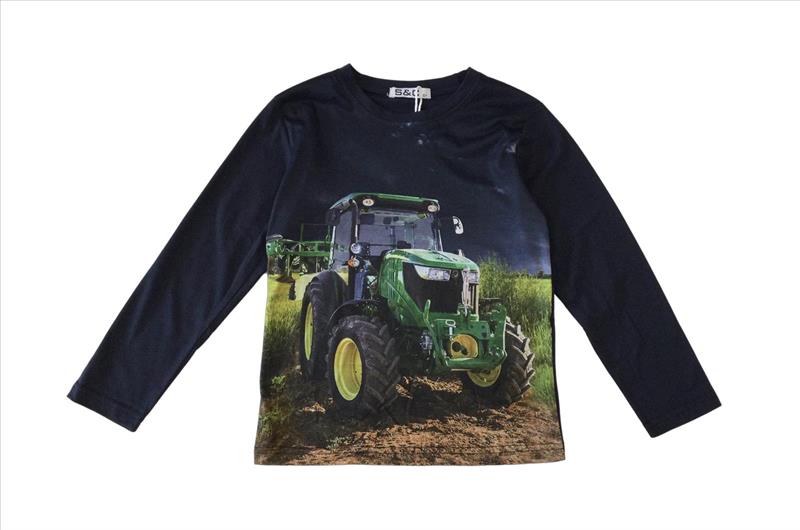 T-shirt bleu à manches longues avec tracteur John Deere