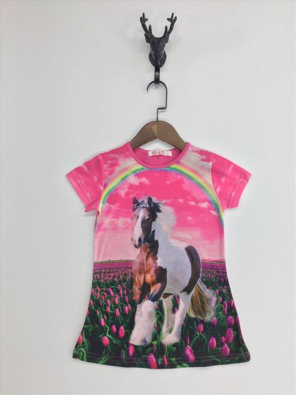 Pink shirt with horse and rainbow